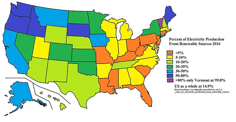 Procent energii elektrycznej wyprodukowanej ze źródeł odnawialnych w Stanach Zjednoczonych, dane 2016