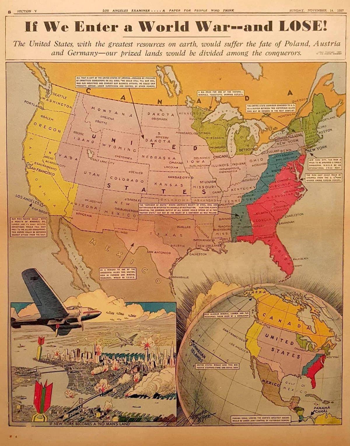 Co jeśli wejdziemy do wojny i przegramy, mapa USA z 28 listopada 1937 r. z Chicago Herald i Examiner, Hearsta