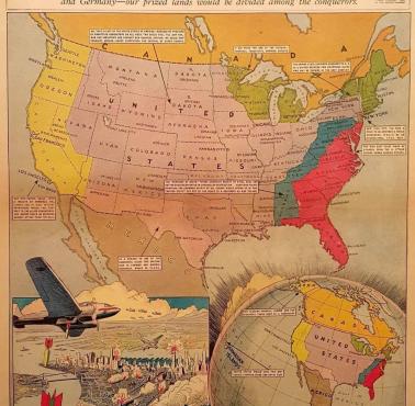Co jeśli wejdziemy do wojny i przegramy, mapa USA z 28 listopada 1937 r. z Chicago Herald i Examiner, Hearsta