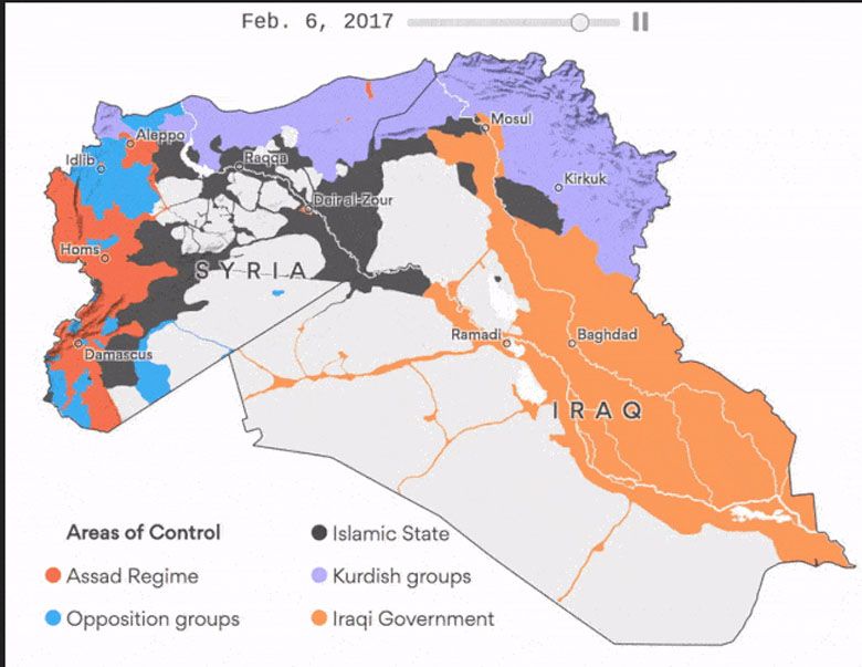 Zmiany terytorialne Państwa Islamskiego (ISIS) w Syrii i Iraku 2015-2017 (animacja)