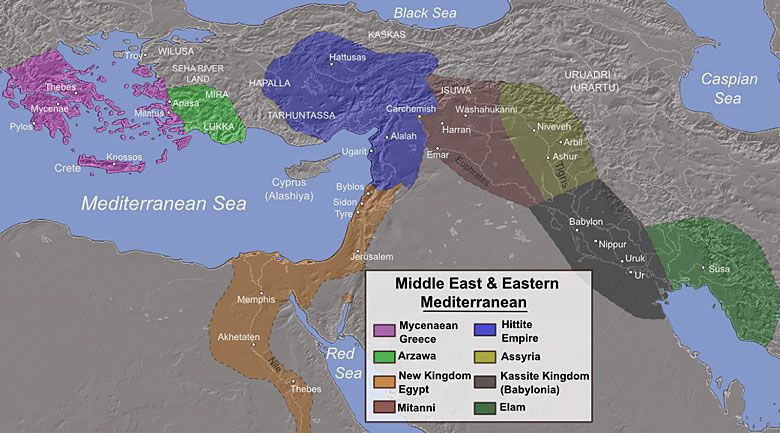 Mapa Bliskiego Wschodu i wschodniego wybrzeża Morza Śródziemnego w 14 wieku p.n.e.