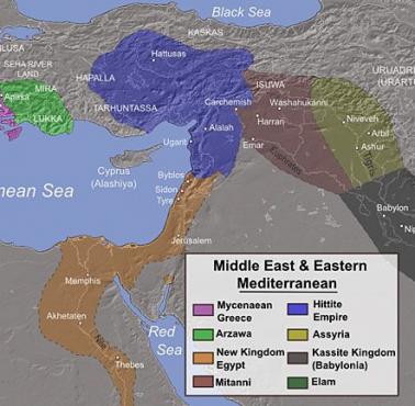 Mapa Bliskiego Wschodu i wschodniego wybrzeża Morza Śródziemnego w 14 wieku p.n.e.