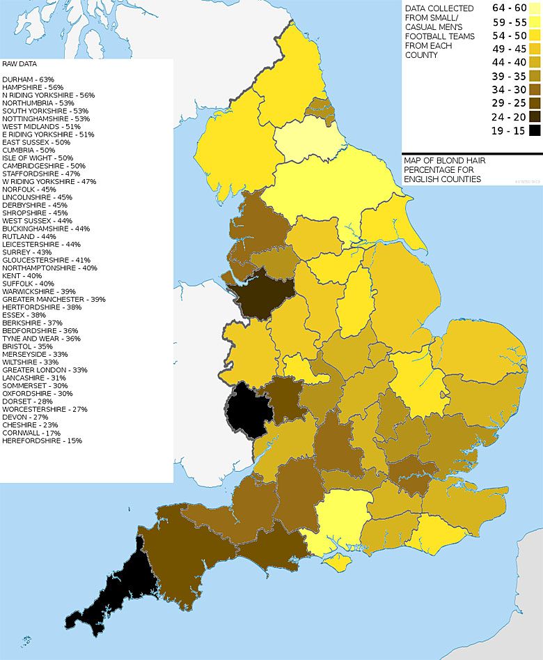 Procent blondwłosych osób w poszczególnych hrabstwach Anglii