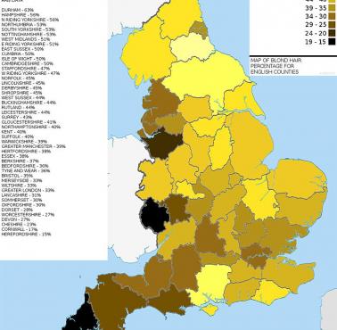 Procent blondwłosych osób w poszczególnych hrabstwach Anglii