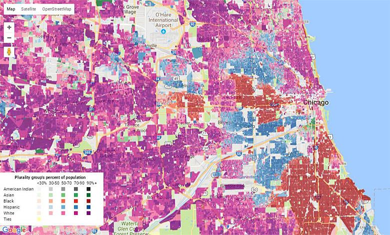 Mapa Chicago z naniesionym podziałem dzielnic ze względu na kolor skóry