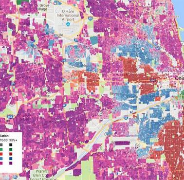 Mapa Chicago z naniesionym podziałem dzielnic ze względu na kolor skóry
