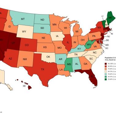 Procent mieszkańców obszarów miejskich w USA z podziałem na stany, 2010