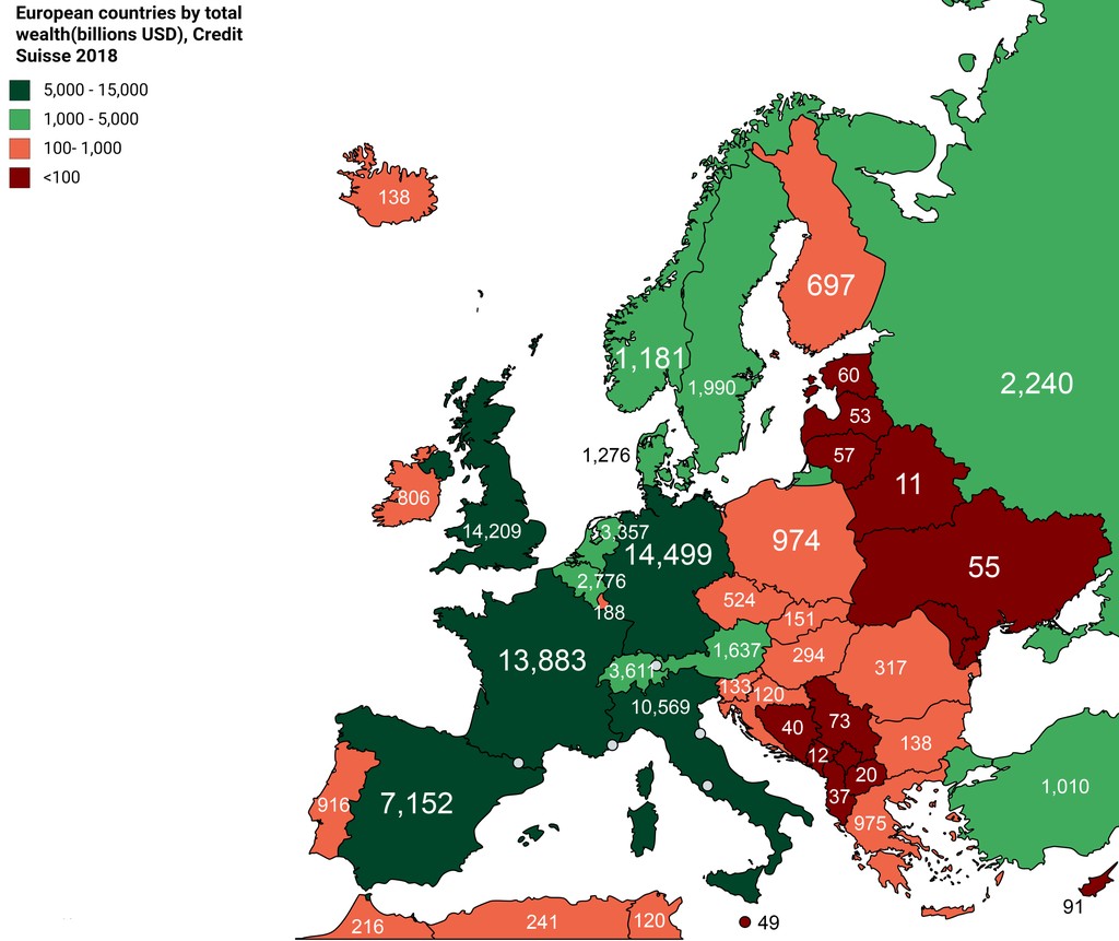 Kraje europejskie według całkowitego bogactwa (miliardy USD), Credit Suisse, 2018