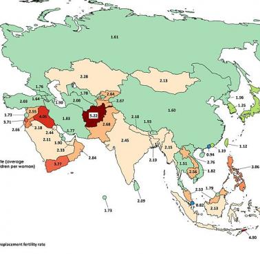 Współczynniki płodności w Azji, 2016