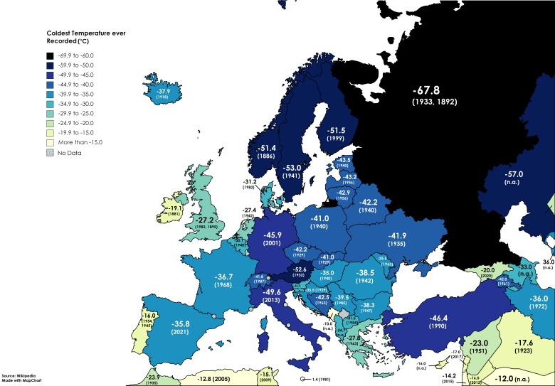 Najniższa odnotowana temperatura w poszczególnych krajach Europy (z rokiem)