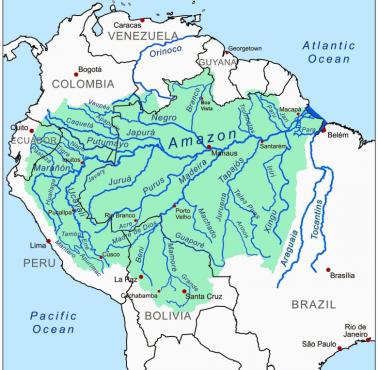 Dorzecze Amazonki obejmuje około 40% Ameryki Południowej. Rzeki wpływające do Amazonki