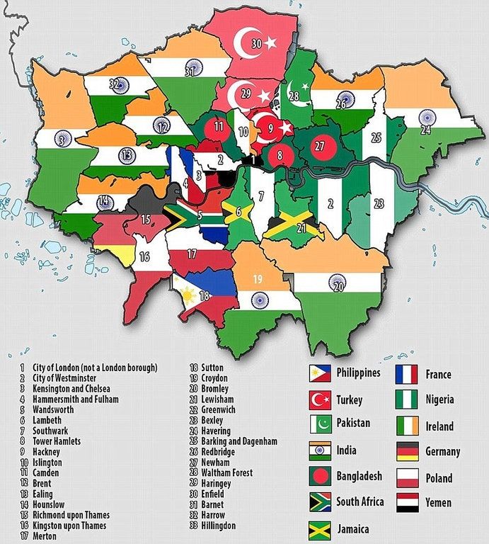 Dominująca mniejszość emigrantów w poszczególnych gminach Londynu, dane 2016