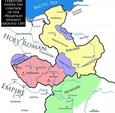 Czeska dynastia Przemyślidów, zasięg panowania w 1301 roku