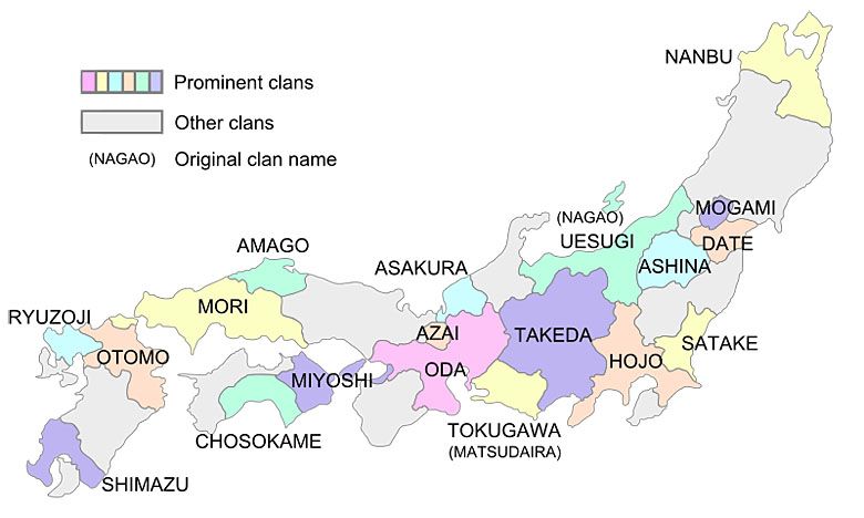 Mapa Japonii z podziałem na klany w 1570 roku