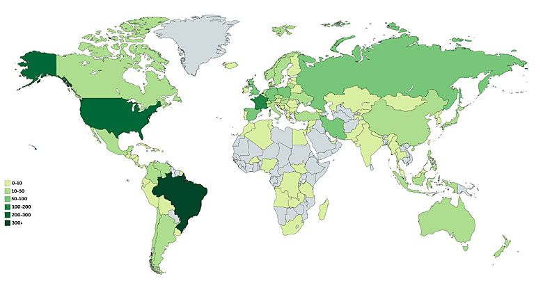 Względna liczba mówców esperanto w poszczególnych krajach świata