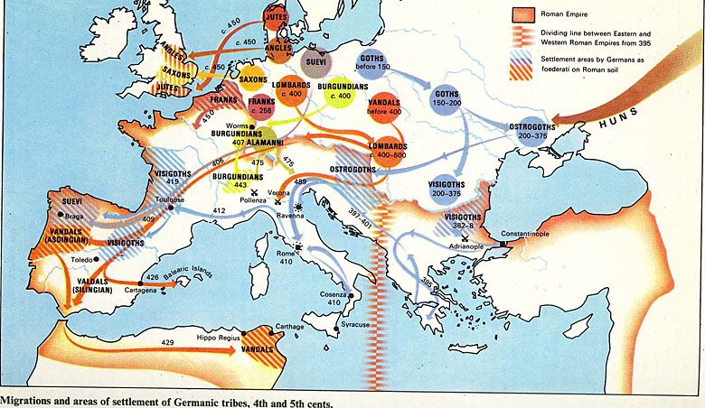 Migracje i obszary osadnictwa plemion germańskich w IV i V wieku, które zniszczyły rzymskie imperium