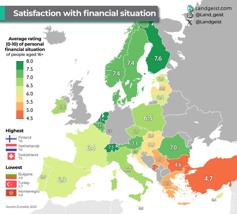 Zadowolenie z sytuacji finansowej gospodarstw domowych w Europie, 2022