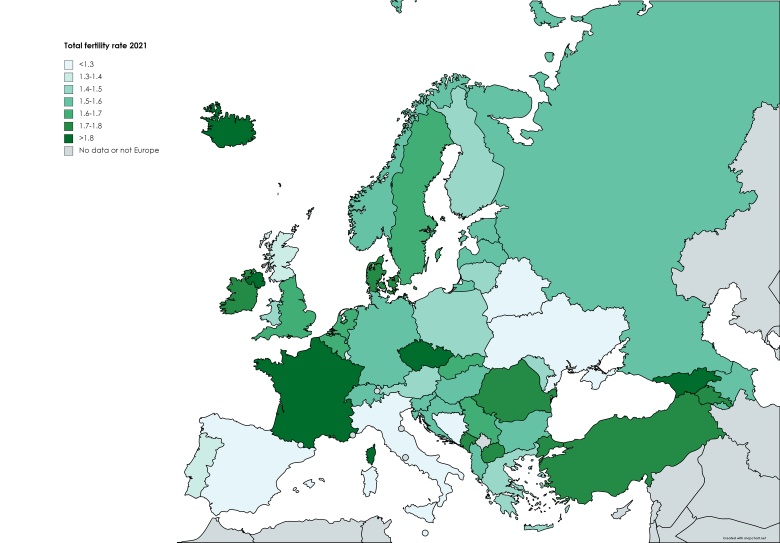 Współczynnik dzietności w Europie, 2021