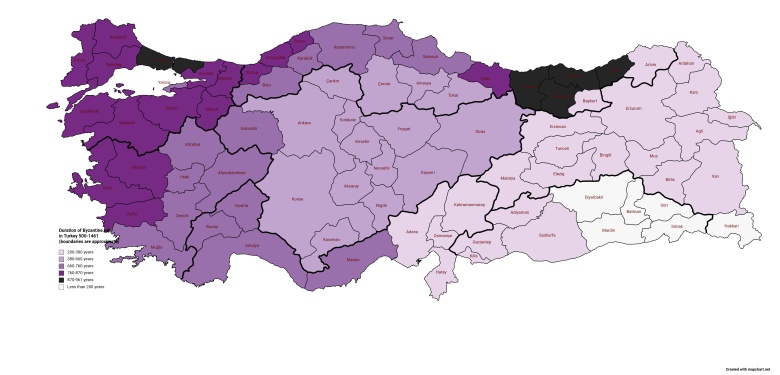 Terytoria dawnego Bizancjum pod panowaniem Imperium Osmańskiego (obecna Turcja) wraz z liczbą lat