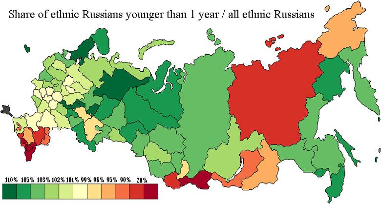 Odsetek noworodków etnicznych Rosjan w stosunku do odsetka etnicznych Rosjan (w każdym wieku) w poszczególnych regionach Rosji