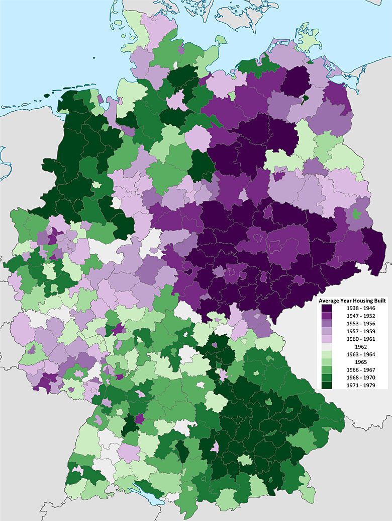Średni wiek budynków mieszkalnych w RFN (z podziałem na jednostki administracyjne)