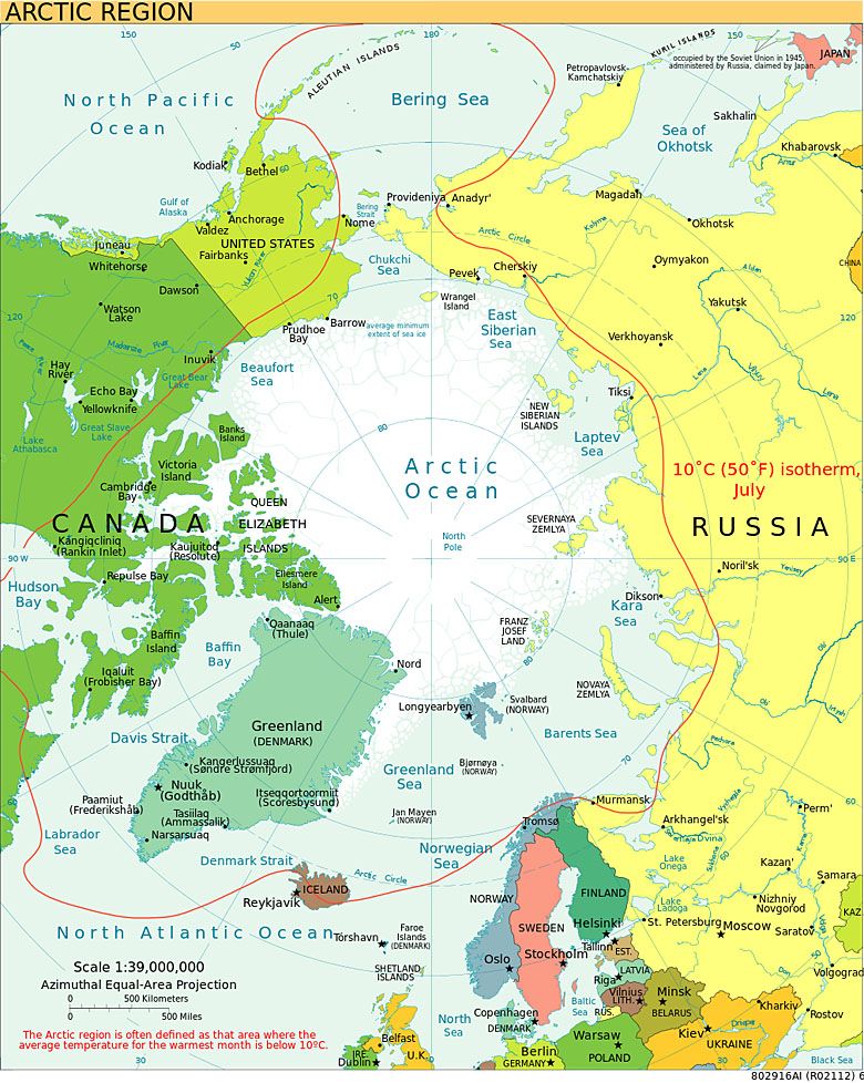 Mapa Arktyki, obszary wewnątrz czerwonej linii nie osiągnęły w lipcu 10°C, biały pokazuje latem średnie minimalne rozmiary lodu