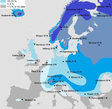 Prawdopodobieństwo Świąt w Europie w zimowej aurze. Śnieg w Święta Bożego Narodzenia