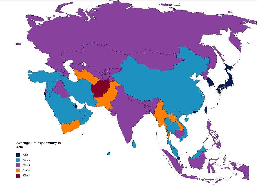 Spodziewana średnia długość życia w Azji, 2021