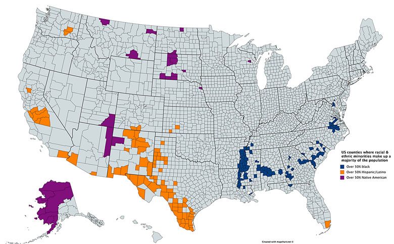 Powiaty USA, gdzie większość stanowią mniejszości rasowe i etniczne