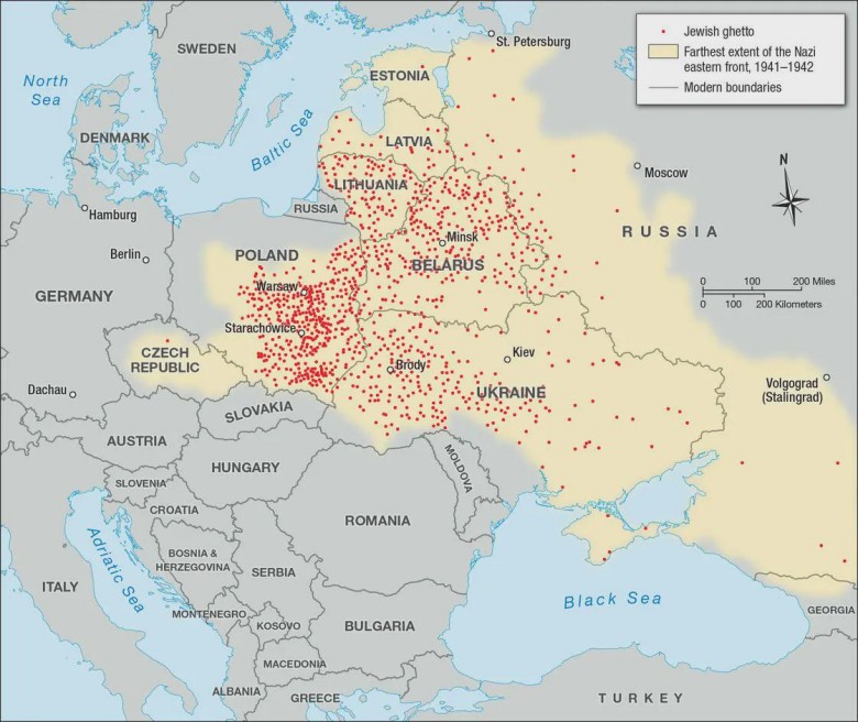 Mapa 1100 utworzonych przez Niemców i Żydów gett  z lat 1933-1945