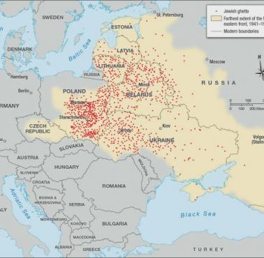 Mapa 1100 utworzonych przez Niemców i Żydów gett  z lat 1933-1945