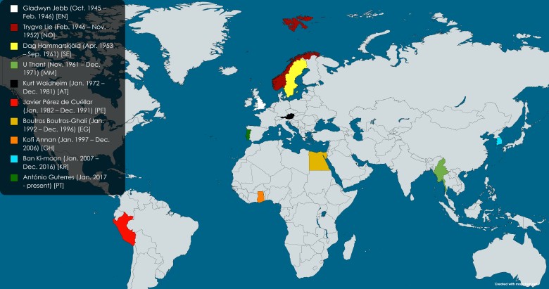 Miejsca urodzeń wszystkich sekretarzy generalnych ONZ do 2020