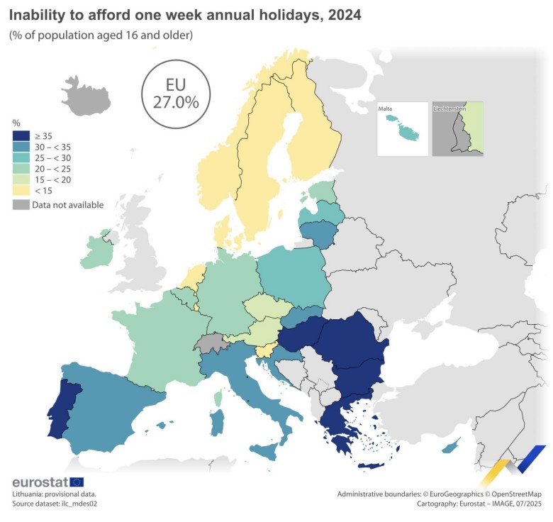 Odsetek ludności, która nie może sobie pozwolić na opłacenie jednego tygodnia urlopu w roku, Europa, 2024
