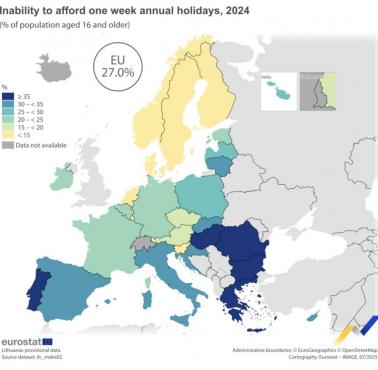 Odsetek ludności, która nie może sobie pozwolić na opłacenie jednego tygodnia urlopu w roku, Europa, 2024