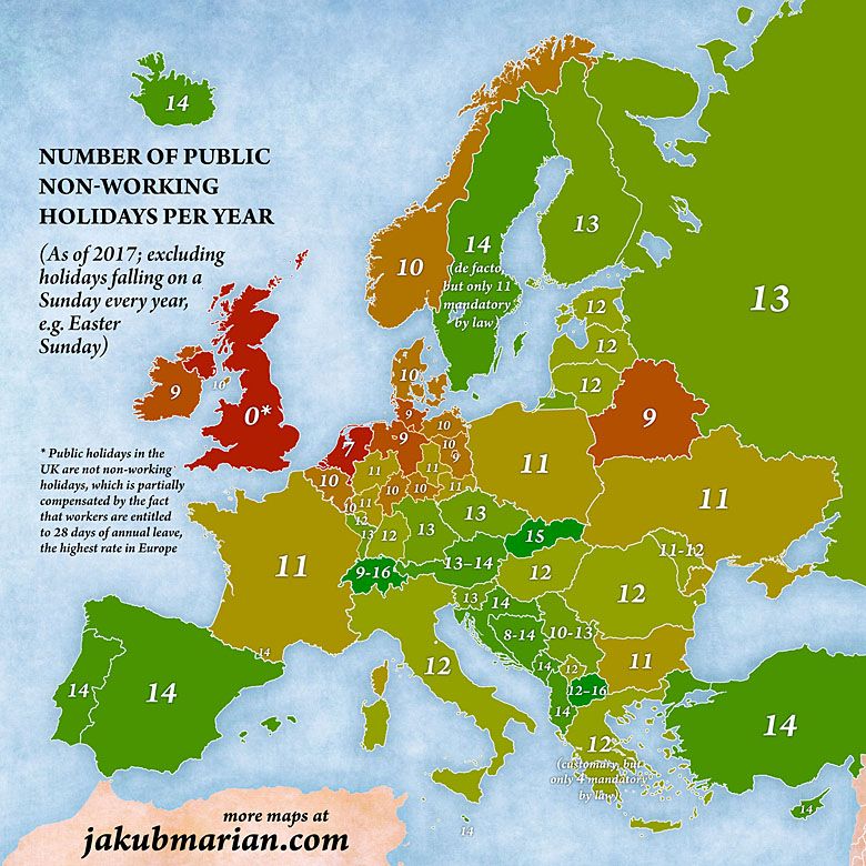 Liczba dni świąt państwowych w Europie, dane 2017