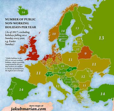 Liczba dni świąt państwowych w Europie, dane 2017