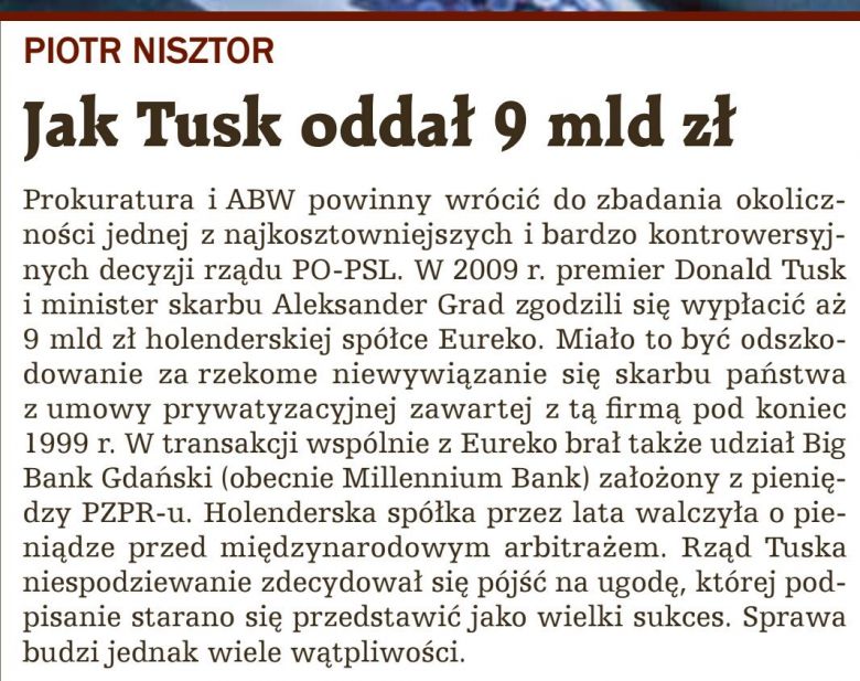 Nowa stara afera .... 9 mld dla Eureko