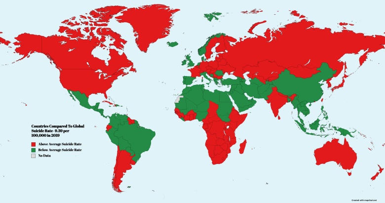 Kraje w porównaniu z globalnym wskaźnikiem samobójstw - 9,39 na 100 000 w 2019 r.