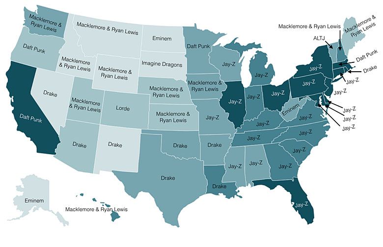 Najczęściej grani artyści w poszczególnych stanach USA w 2014 roku