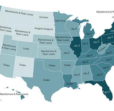 Najczęściej grani artyści w poszczególnych stanach USA w 2014 roku