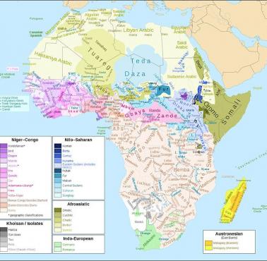 Mapa języków afrykańskich - w tym rodziny i podrodziny