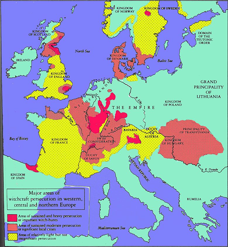 Główne obszary prześladowań czarownic w XVI wieku w Europie