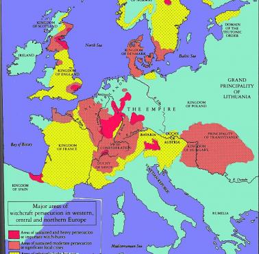 Główne obszary prześladowań czarownic w XVI wieku w Europie