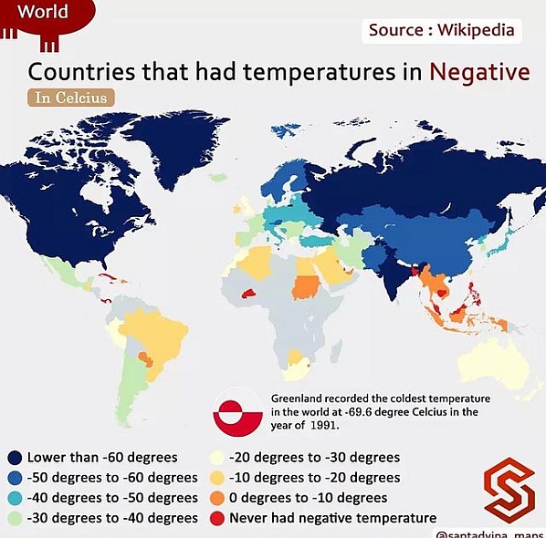 Kraje, w których odnotowano ujemną temperaturę (w Celsjuszach)