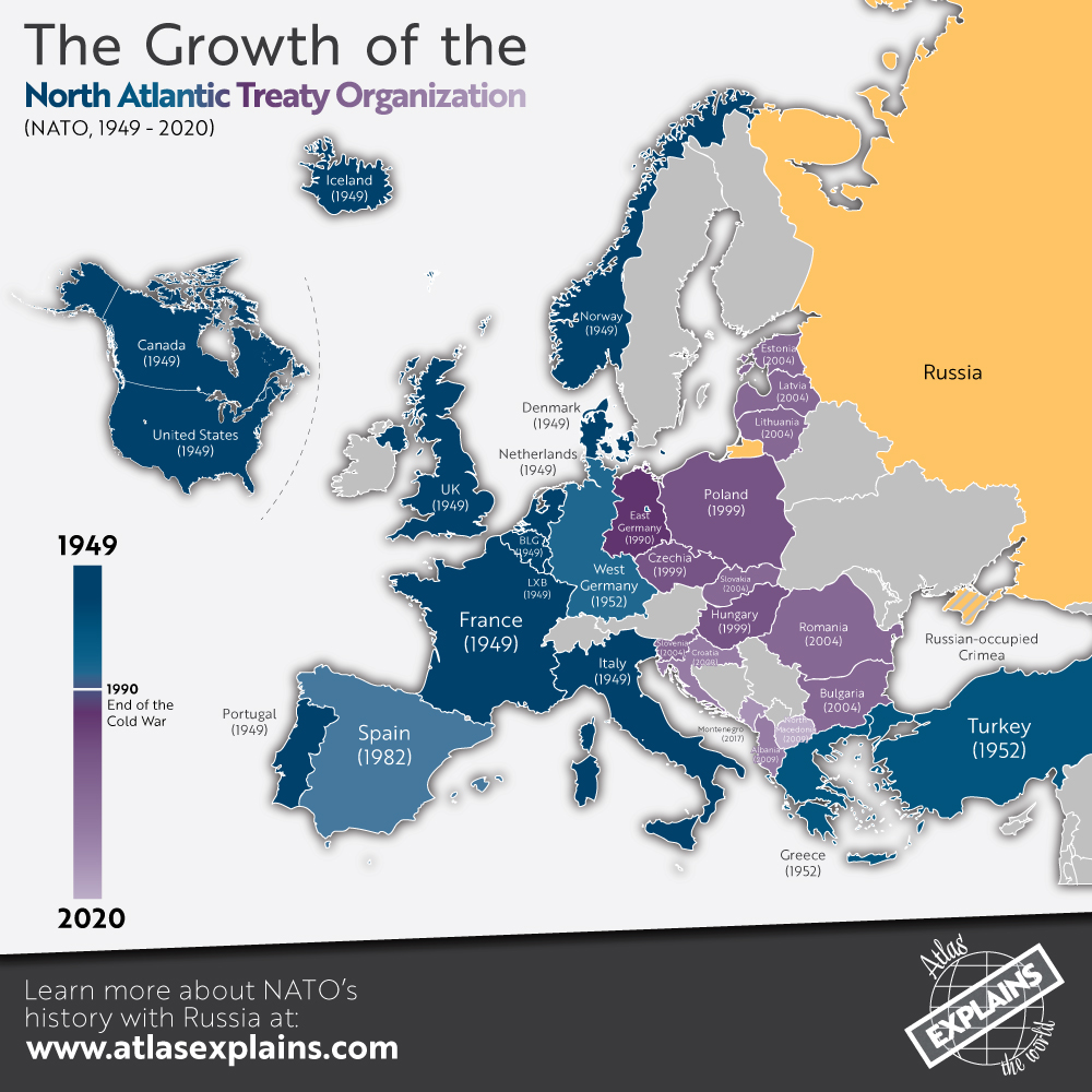 Mapa powiększenia się NATO w Europie od 1949-2018