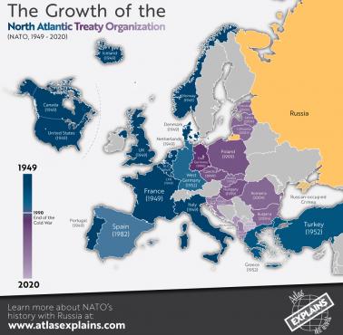 Mapa powiększenia się NATO w Europie od 1949-2018
