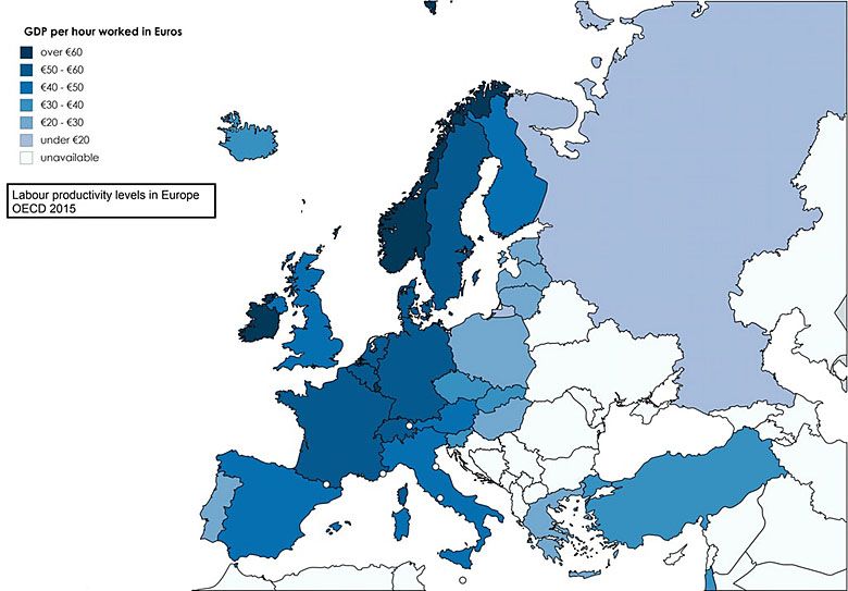 Poziom wydajności pracy w Europie, dane OECD, 2015