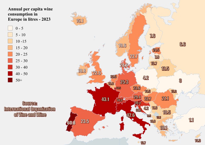 Ilość wypitego wina rocznie na osobę w Europie, 2023