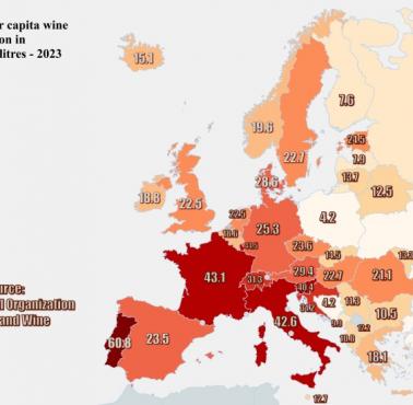Ilość wypitego wina rocznie na osobę w Europie, 2023