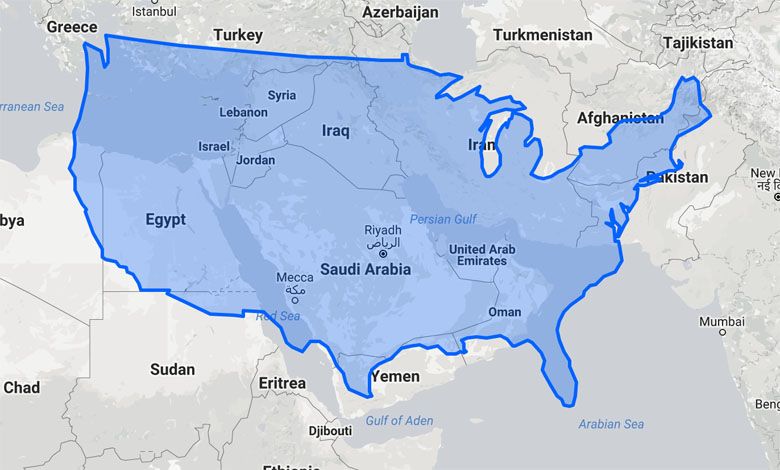 Rozmiar USA naniesiony na mapę Bliskiego Wschodu